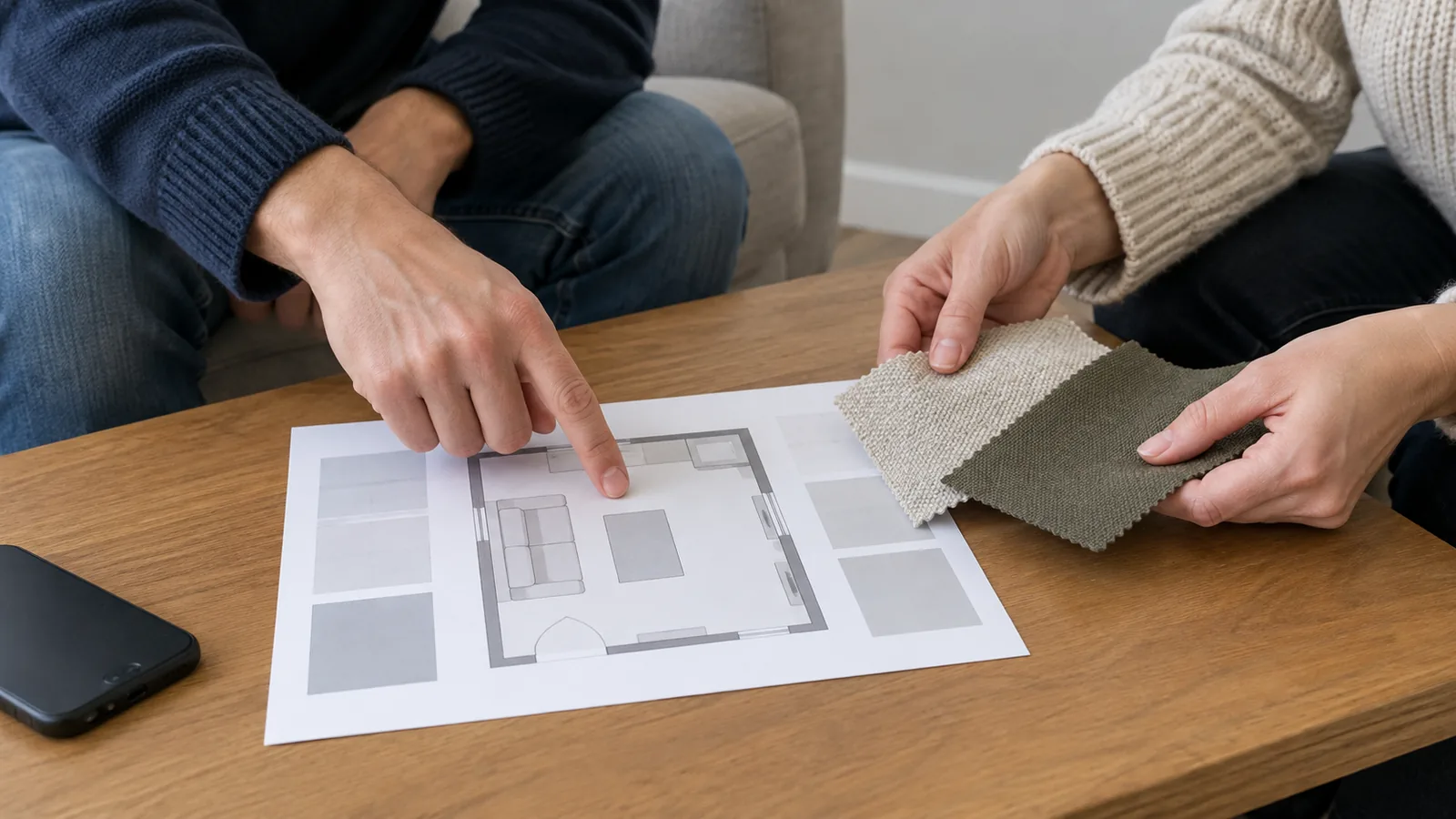 Two people at a coffee table, one pointing at a printed room plan while the other holds two fabric swatches beside it