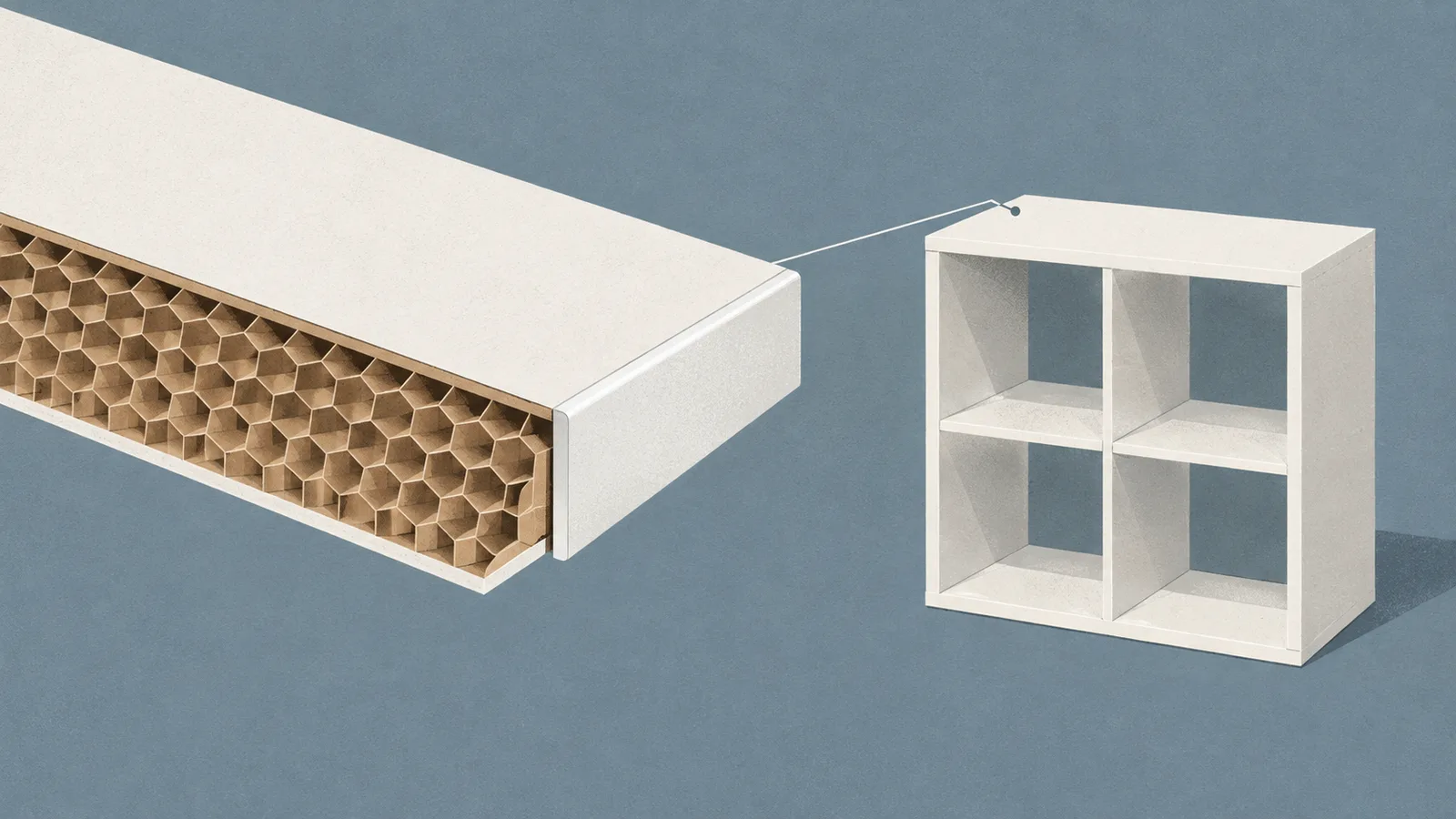 A cutaway illustration of a white shelf panel showing a thin outer skin, a paper honeycomb core inside and a plastic edge strip, beside a small whole cube shelf for scale