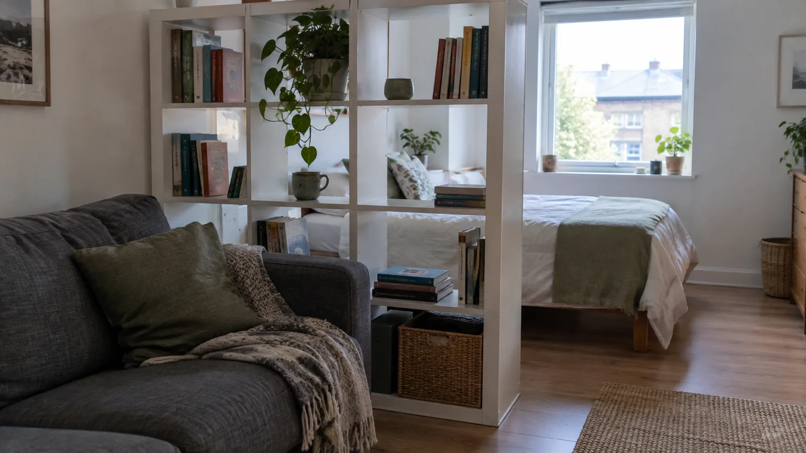 A tall white cube shelf standing as a divider between a bed and a sofa in a small studio, seen from the sofa side
