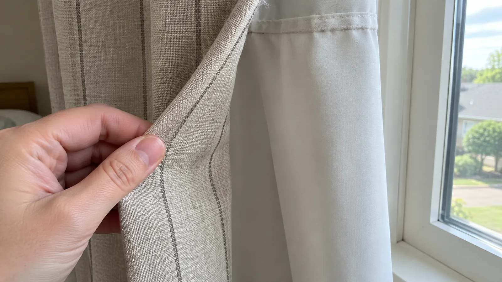 Hand separating textured curtain face fabric from a pale lining at a window