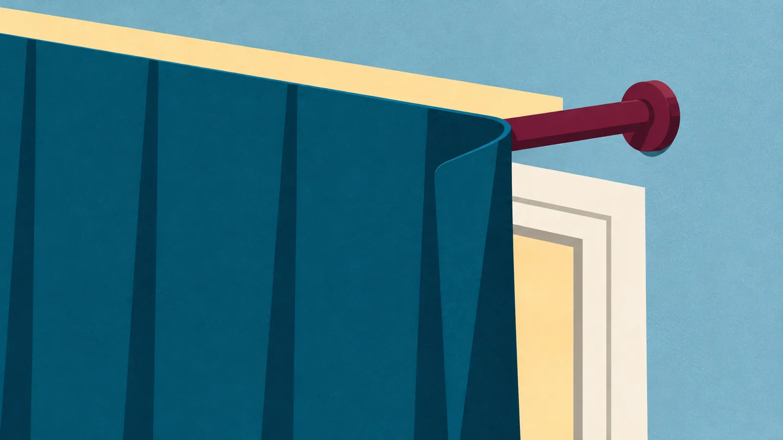 Illustrated curtain upper corner with a folded outer edge, projecting rod and a light band above the fabric