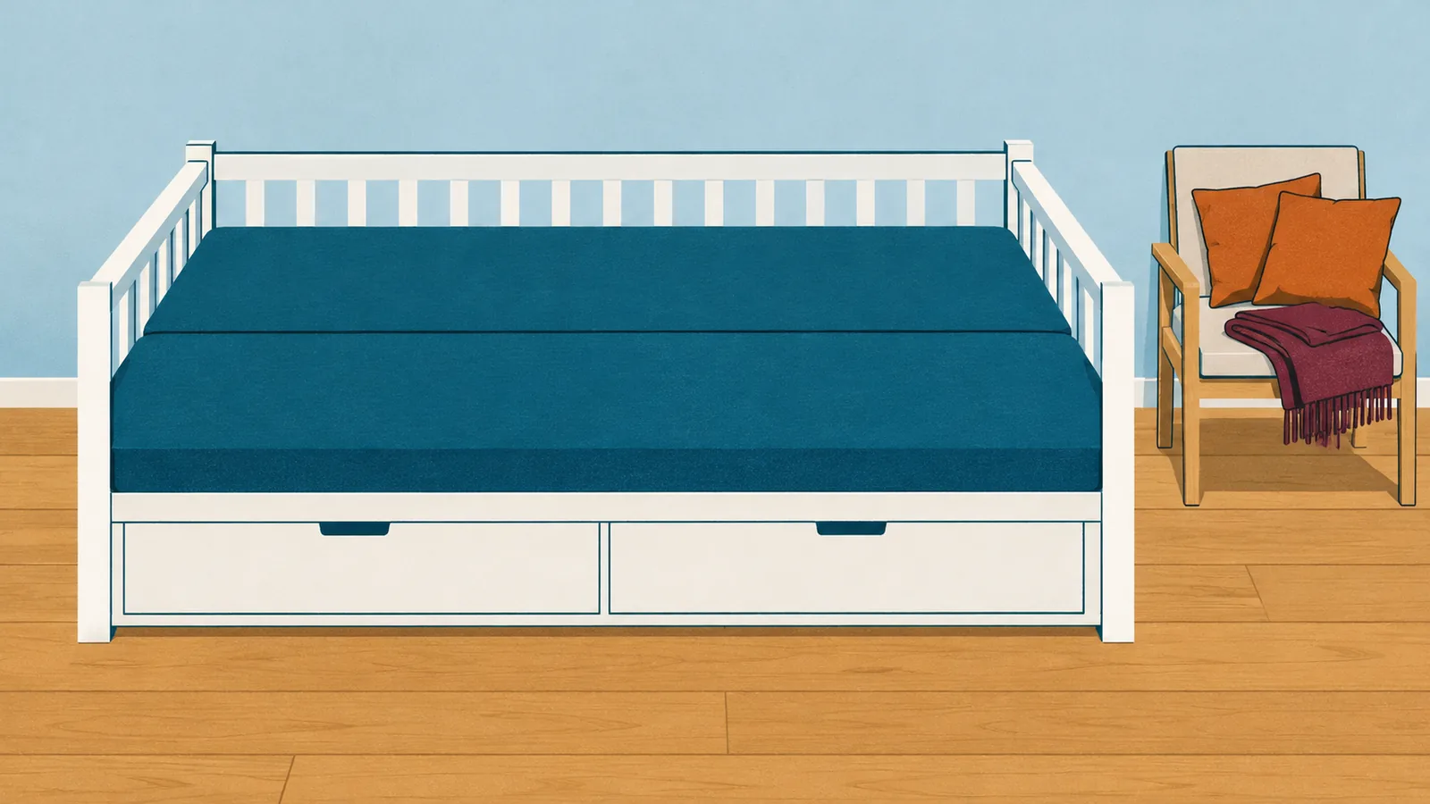 Illustrated open daybed with rear and front mattresses and loose cushions and a throw moved to a chair