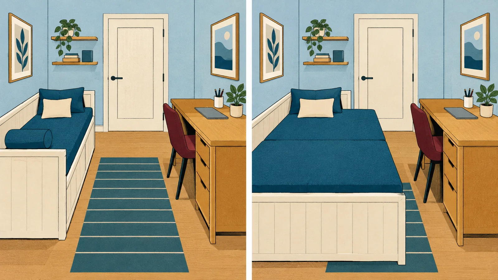 Illustrated guest room with a daybed closed and extended towards the desk, leaving less open floor