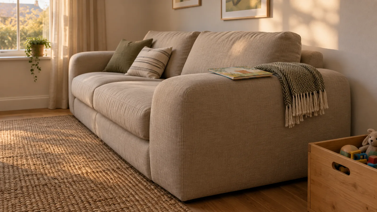 Deep beige three-seat sofa seen from the side, showing its wide, low rounded arm with a picture book and a folded throw on it, and a wooden toy box beside it
