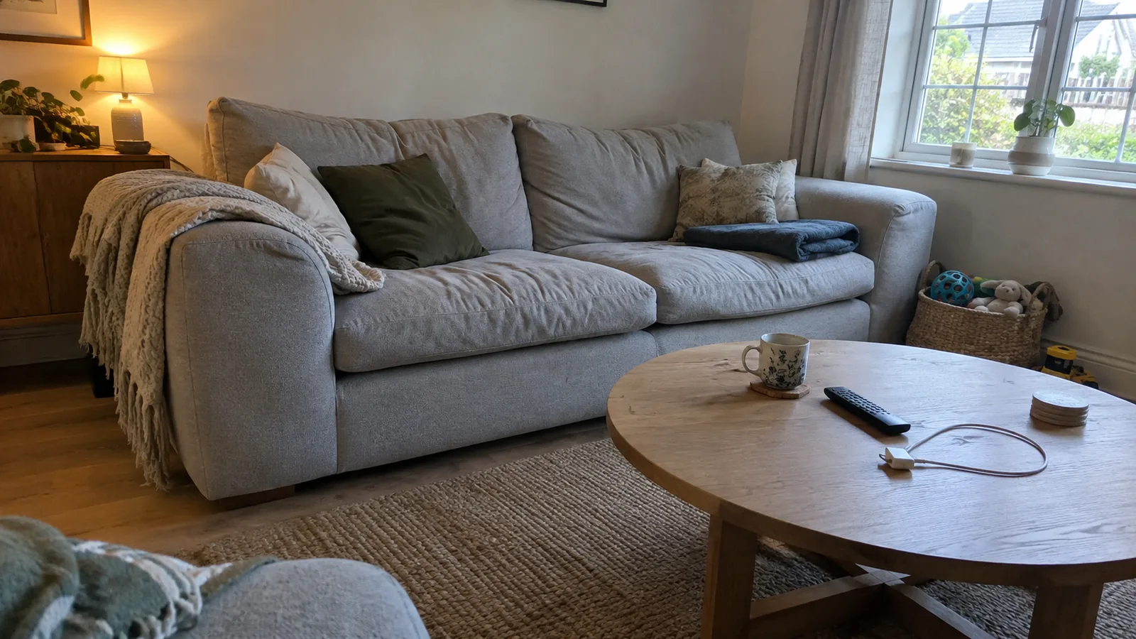 Deep light grey three-seat fabric sofa with wide, low rounded arms and a throw, facing a round oak coffee table on a jute rug