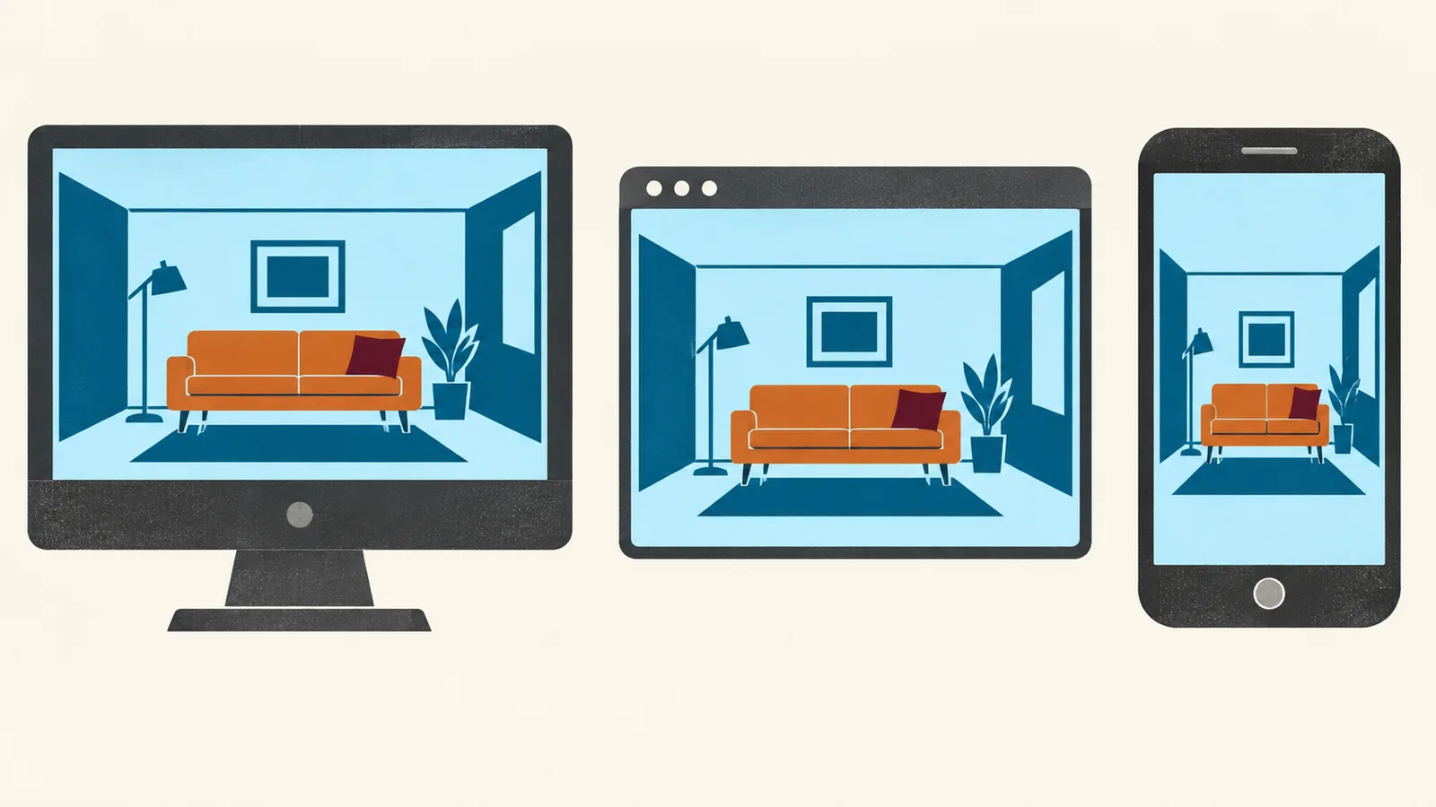 Illustrated desktop monitor, browser card and phone containing generic living-room images