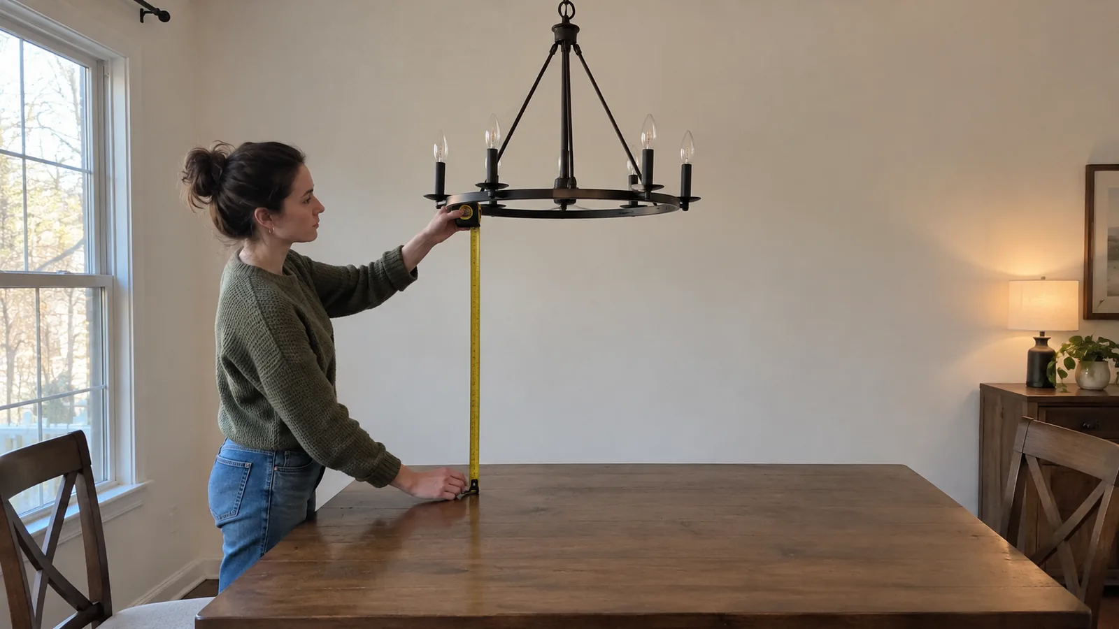 Resident holding a tape measure from a wooden dining tabletop up to the bottom of a black ring chandelier