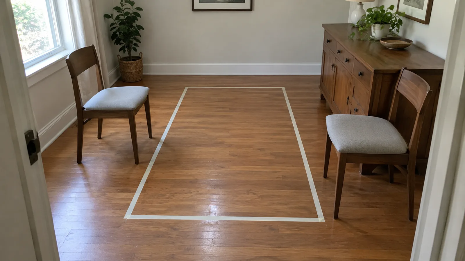 Two dining chairs beside a complete taped tabletop outline, with a sideboard projecting into the room