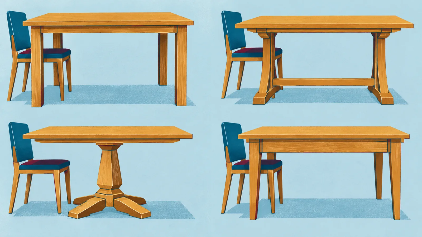 Four illustrated dining-table bases: corner legs, trestle, central pedestal and deep apron, each beside a chair