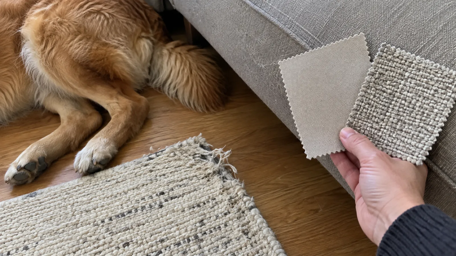 Hand comparing upholstery swatches beside a sofa with dog hair and a frayed rug edge near a resting dog