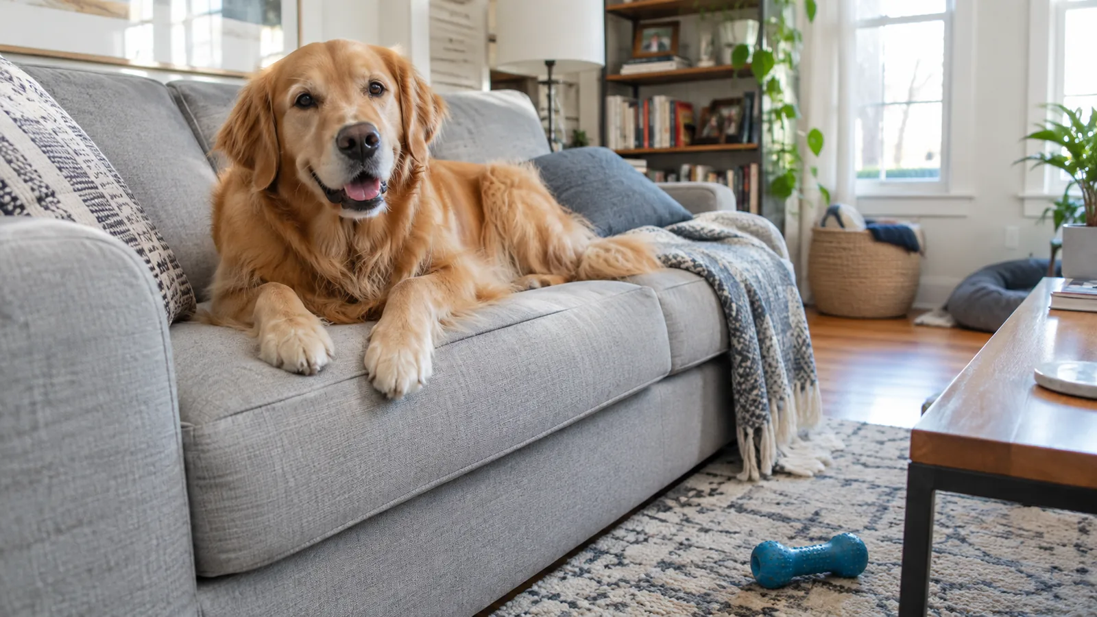 Golden retriever resting on a tightly woven gray performance fabric sofa in a bright living room
