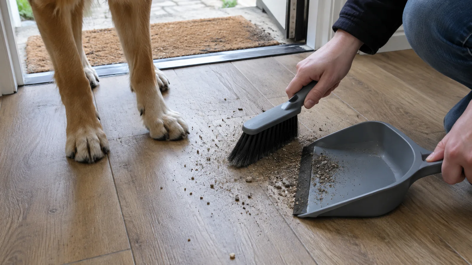 Person brushing grit from a plank floor beside a dog's paws at a back doorway