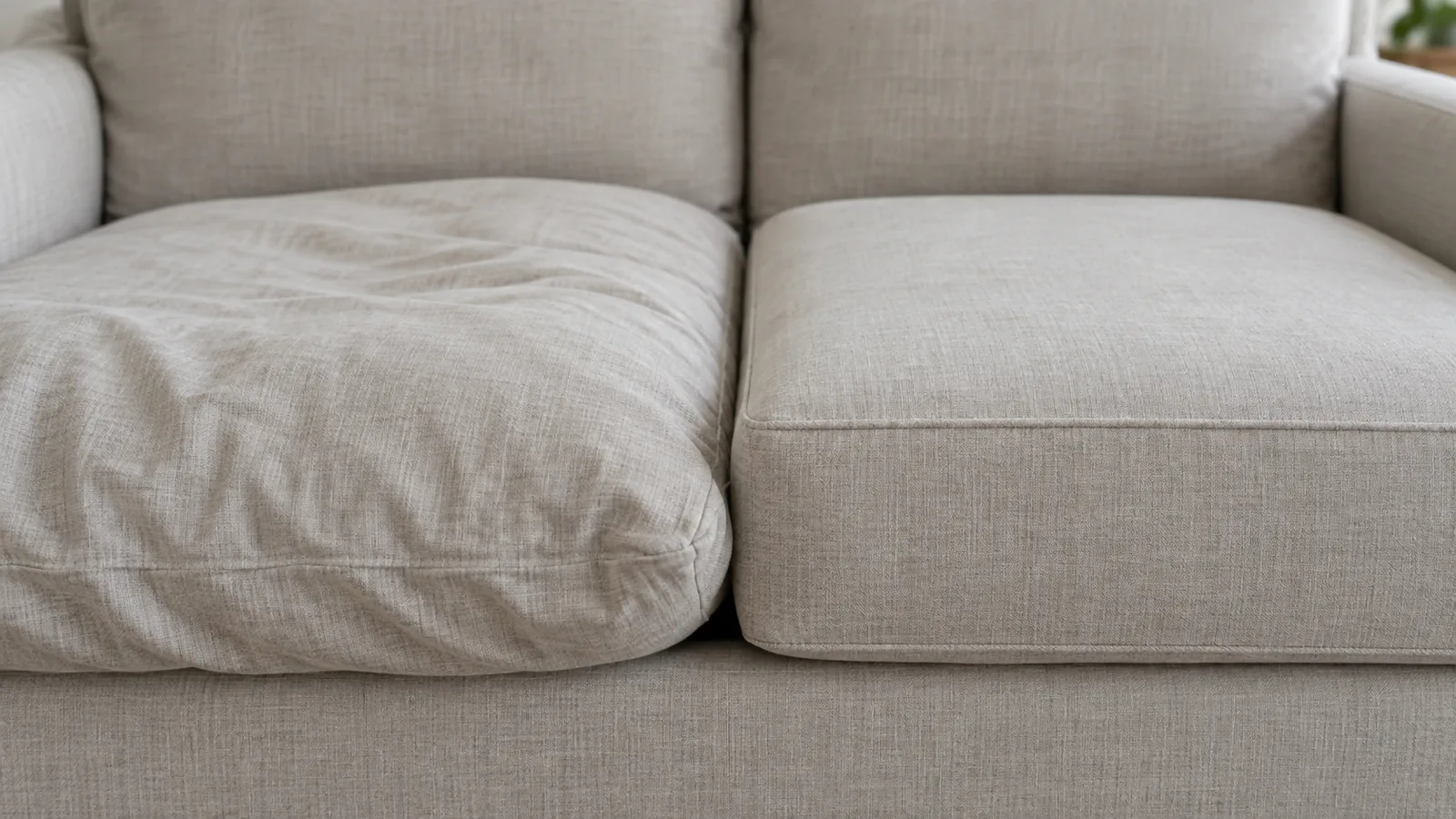 A down-wrapped sofa cushion with relaxed wrinkles beside a crisp foam cushion holding a square shape