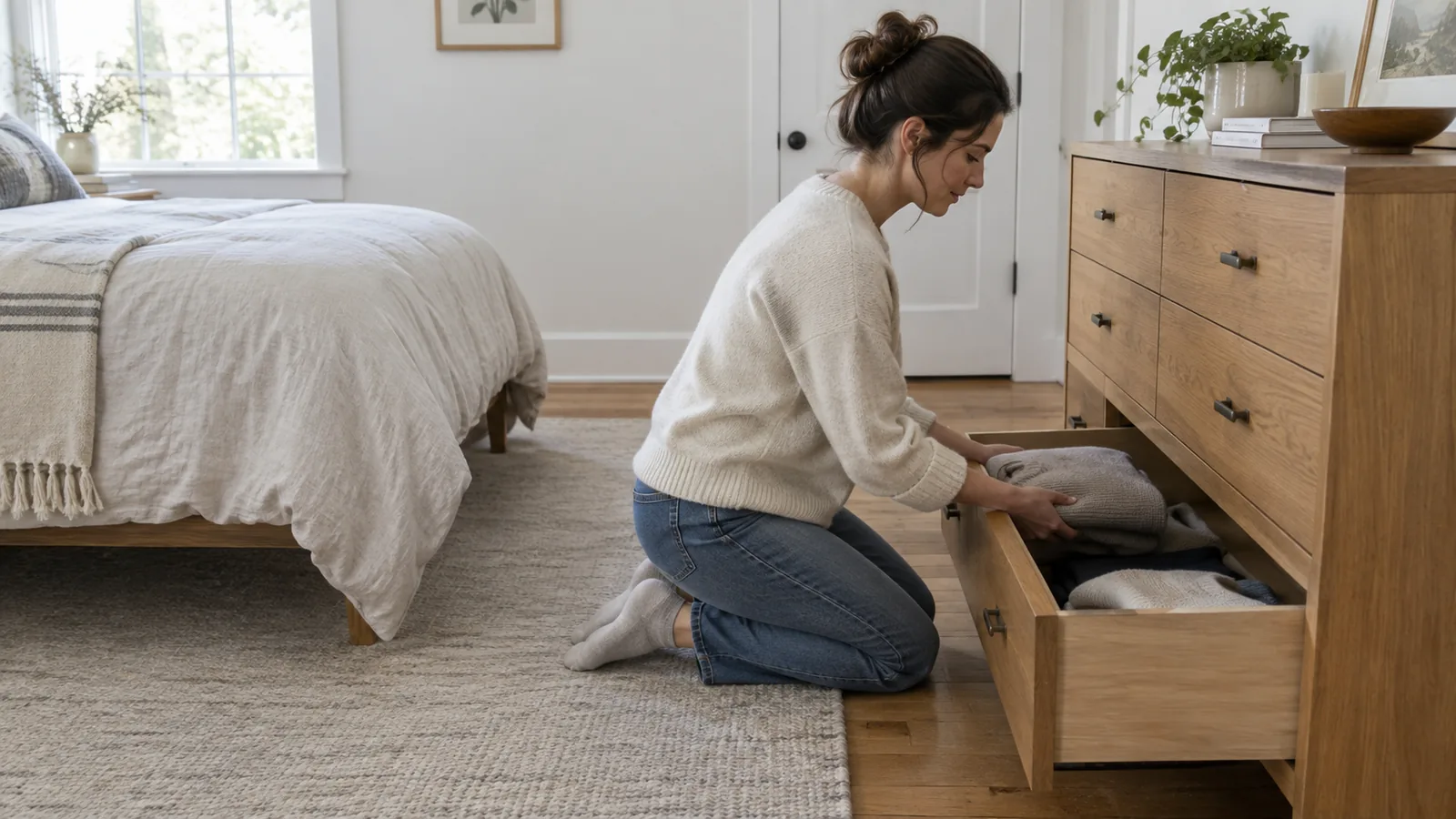 Person kneeling in front of a dresser with its bottom drawer fully open, a short distance from the foot of a bed