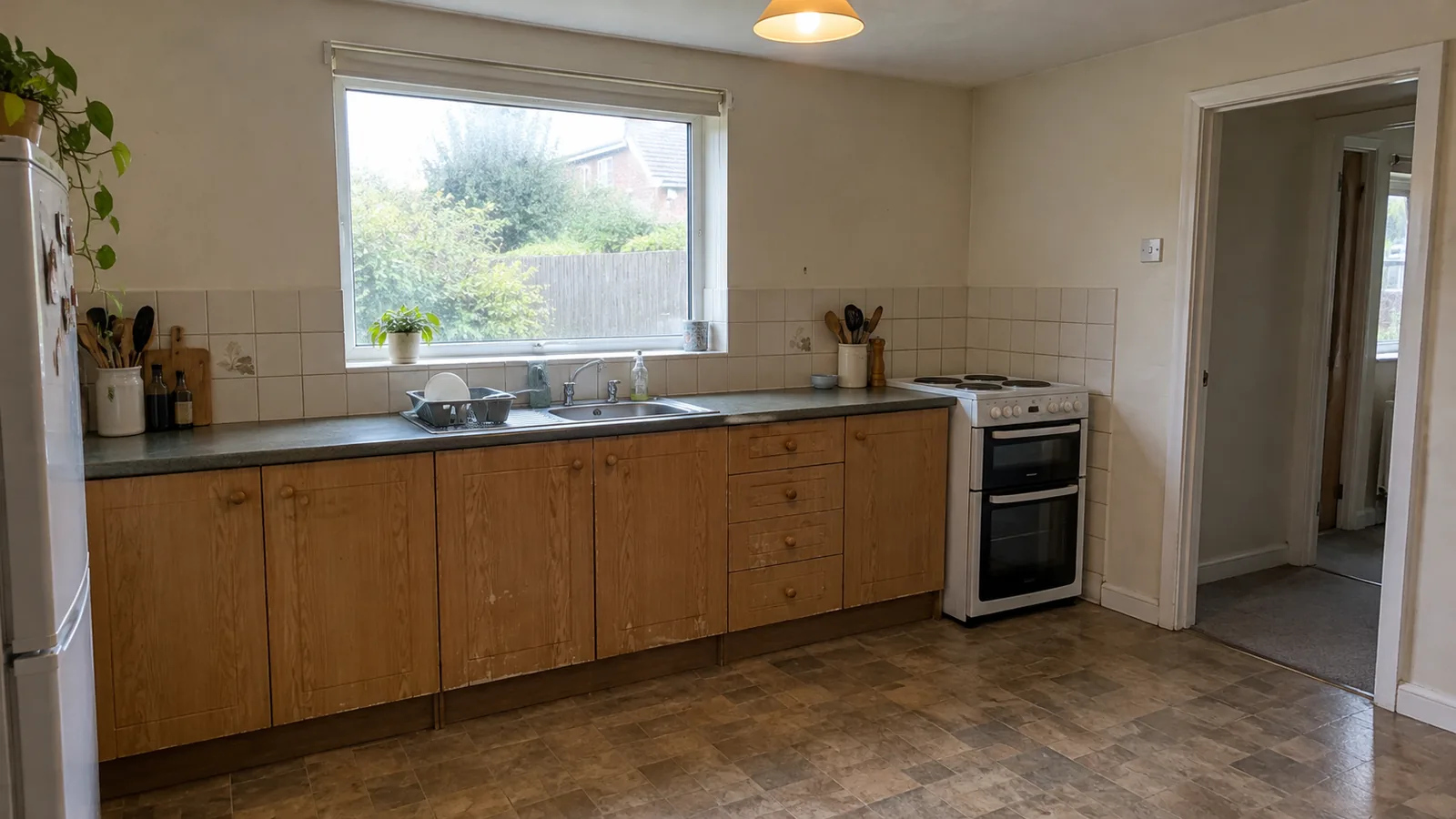 Existing kitchen scene with cabinet run, sink below a window, cooker and doorway