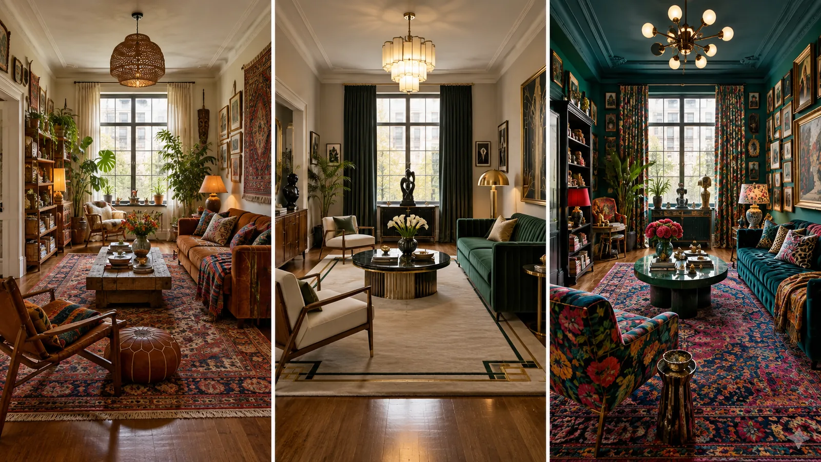 Three richly decorated living rooms using layered bohemian textiles, symmetrical Art Deco furniture, and colourful maximalist patterns