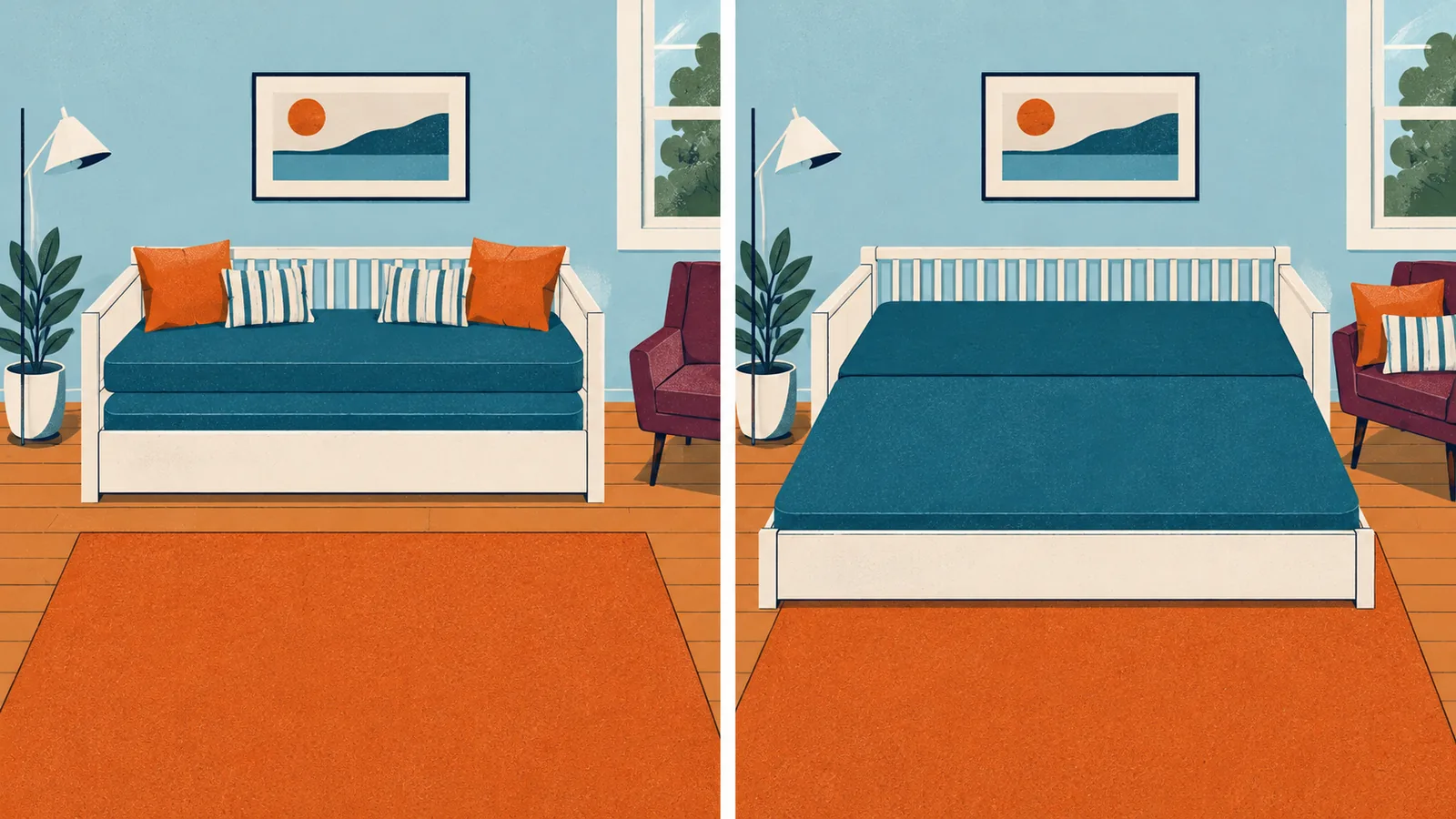 Illustrated daybed closed with two stacked mattresses and extended with a rear and front mattress