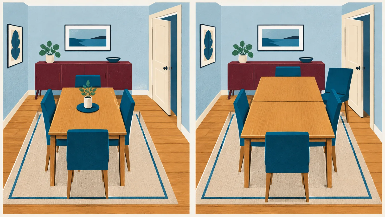 Illustrated dining room with a short table beside a second view with an extension leaf and another chair near the door
