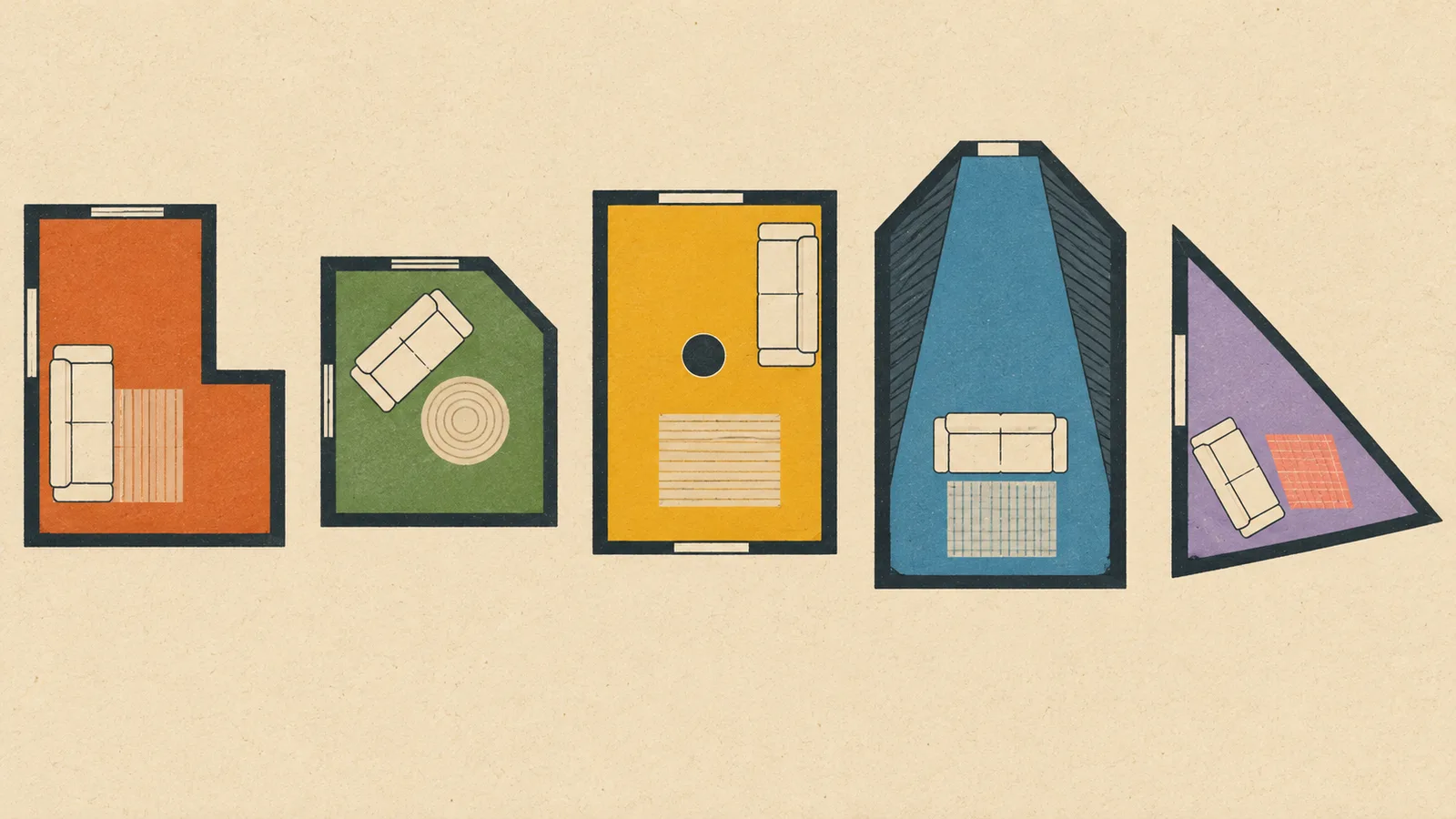 A top-down illustration of five odd room shapes side by side: an L-shape, a room with a cut corner, a room with a round column, an attic with shaded sloped sides and a triangular room, each with a simple sofa shape
