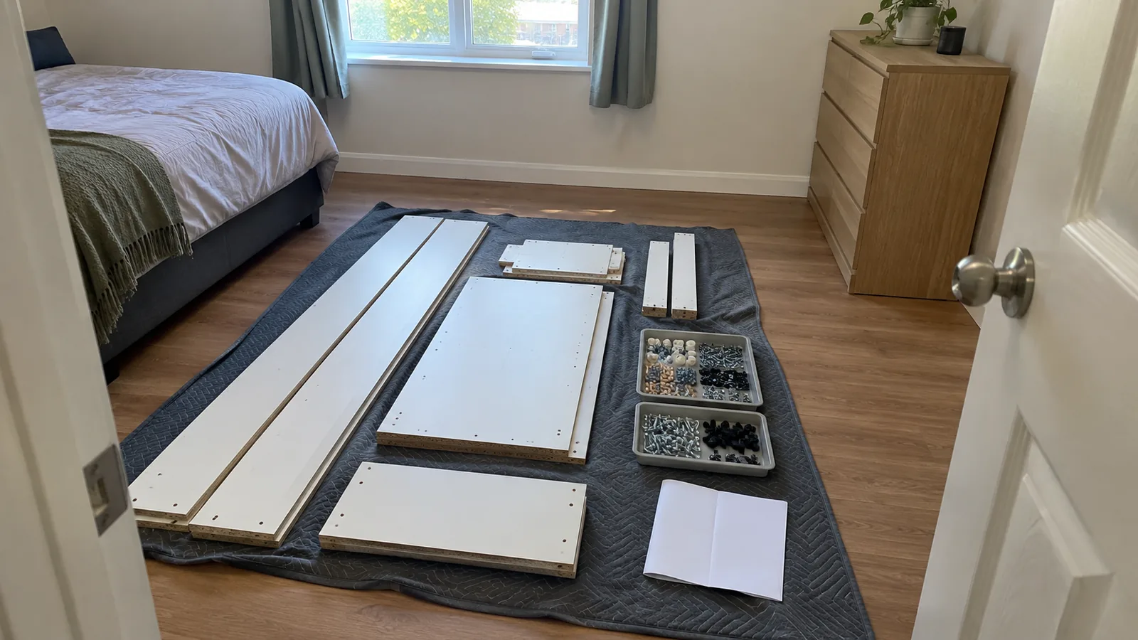 Unbranded flat-pack boards on a blanket with two hardware trays and a blank instruction-sheet reverse