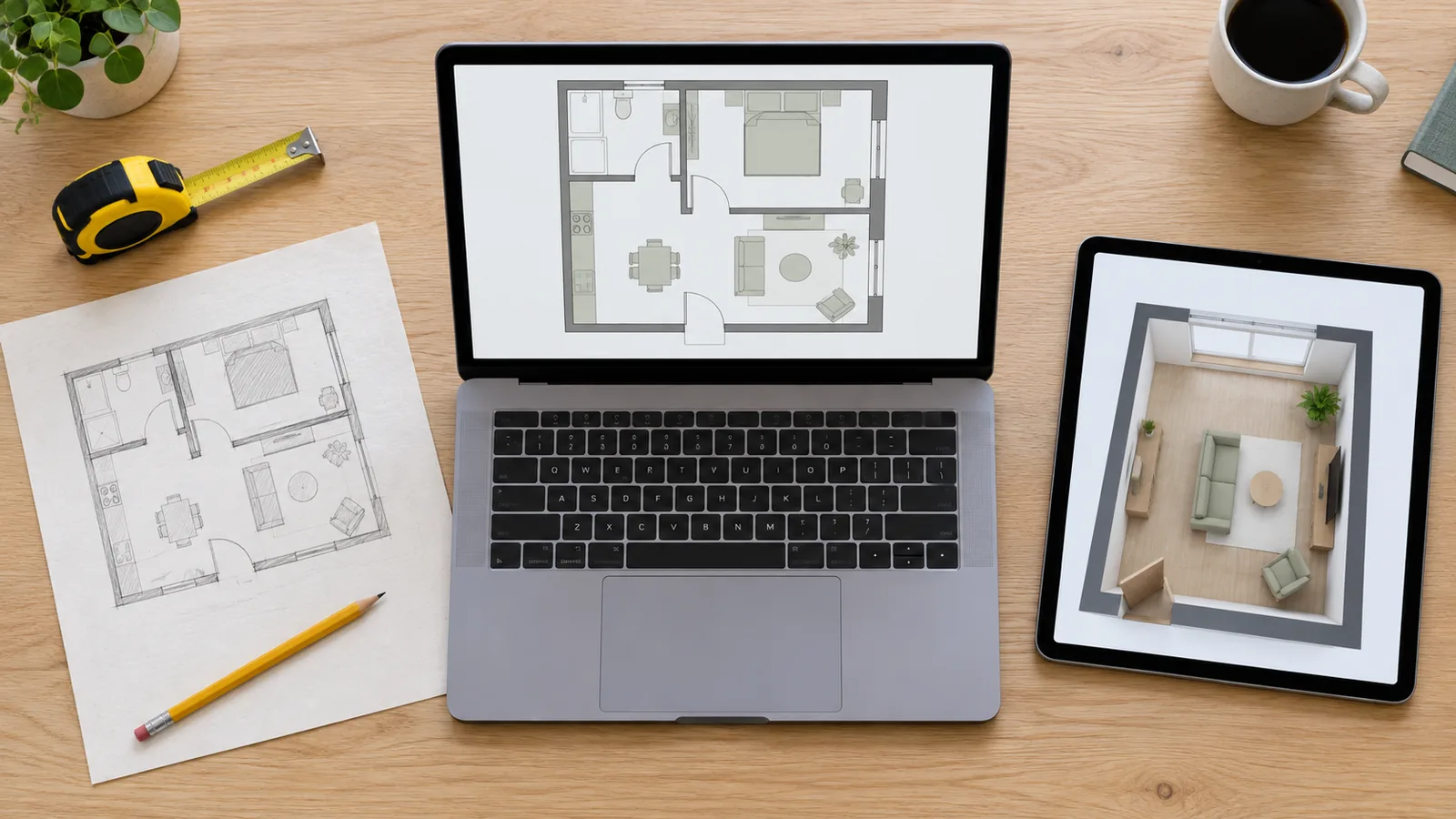 Desk seen from above with a laptop showing a 2D apartment floor plan, a tablet showing a 3D room, a pencil sketch of the plan, and a tape measure