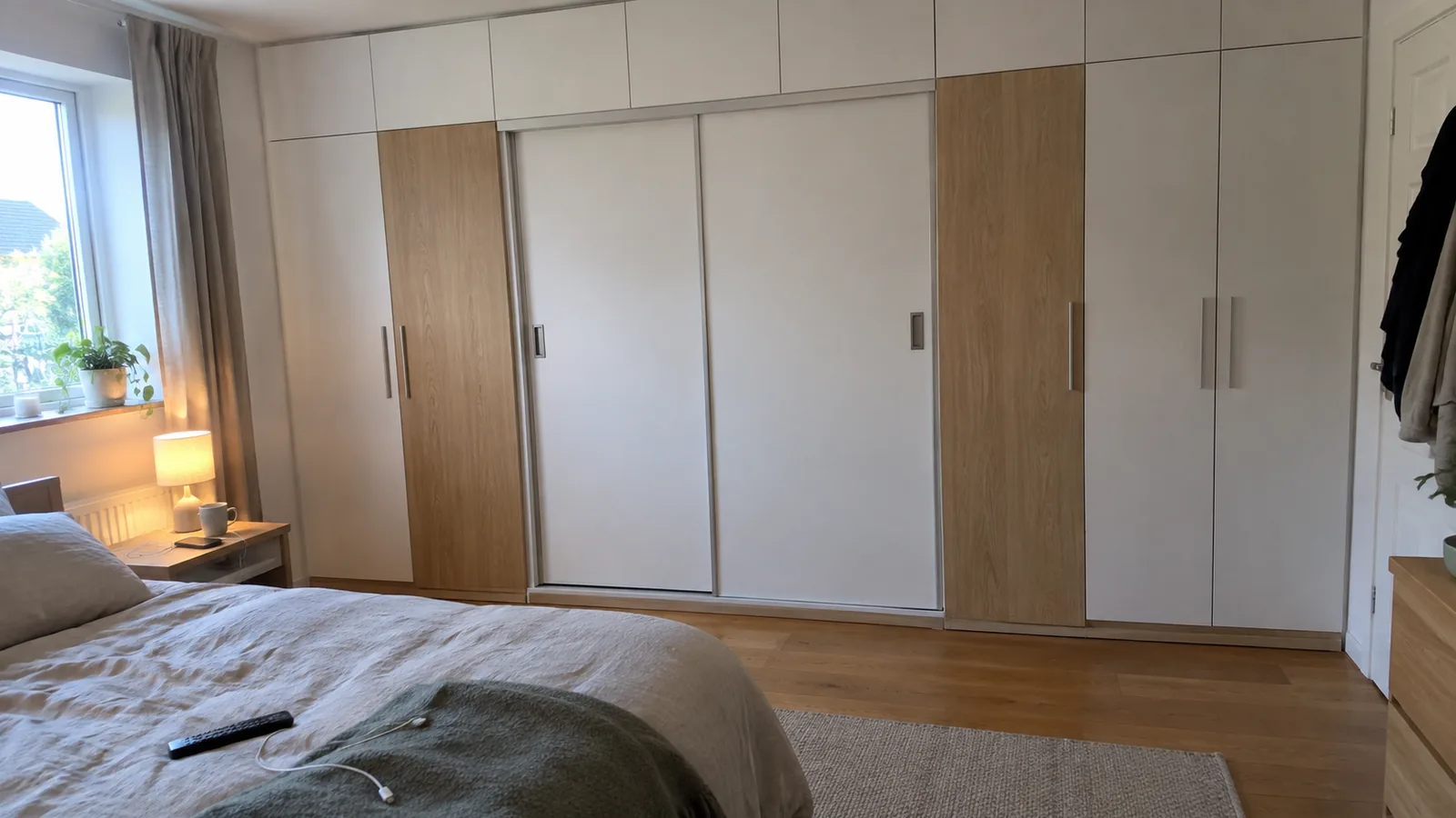 Bedroom wall of floor-to-ceiling white wardrobes with oak doors and a pair of sliding doors, seen from beside the bed