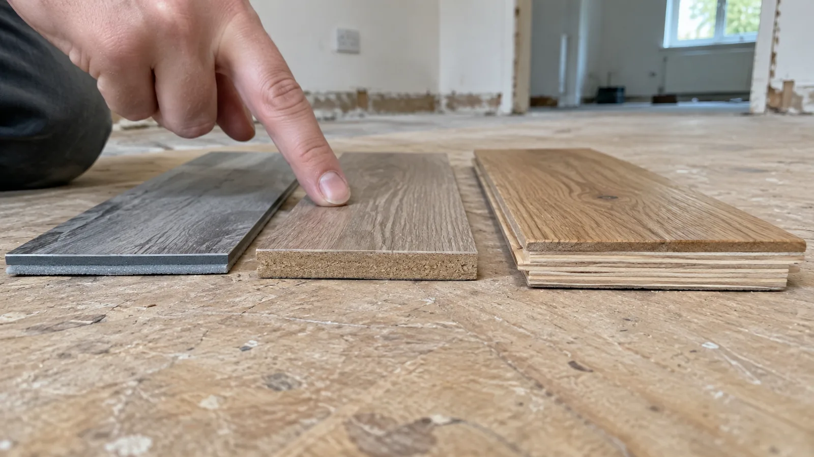 Three wood-look flooring offcuts lying side by side on a bare subfloor with their cut ends showing a vinyl, a fibreboard and a layered plywood core