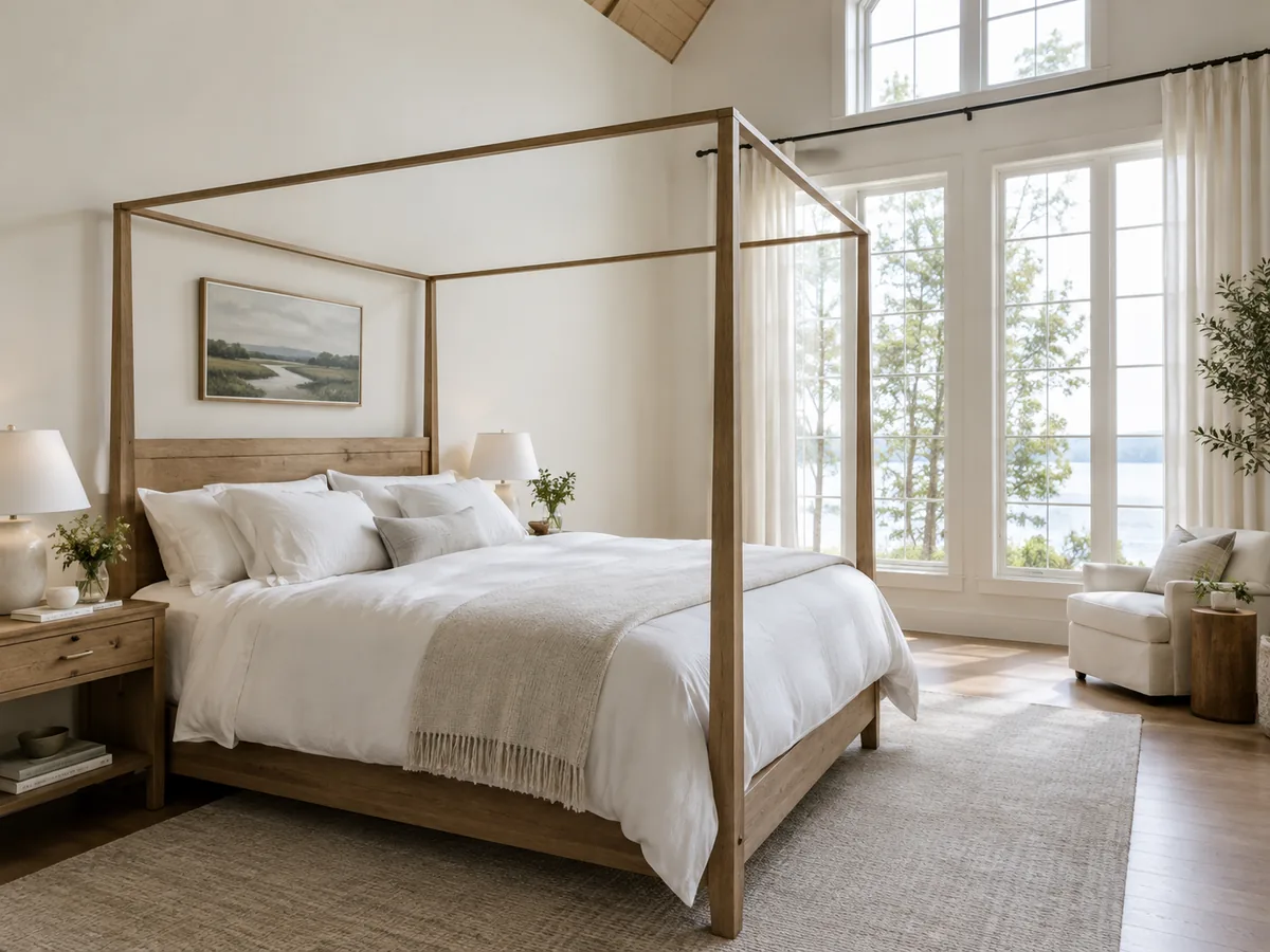 Wooden four-poster canopy bed in a large bedroom with a high ceiling