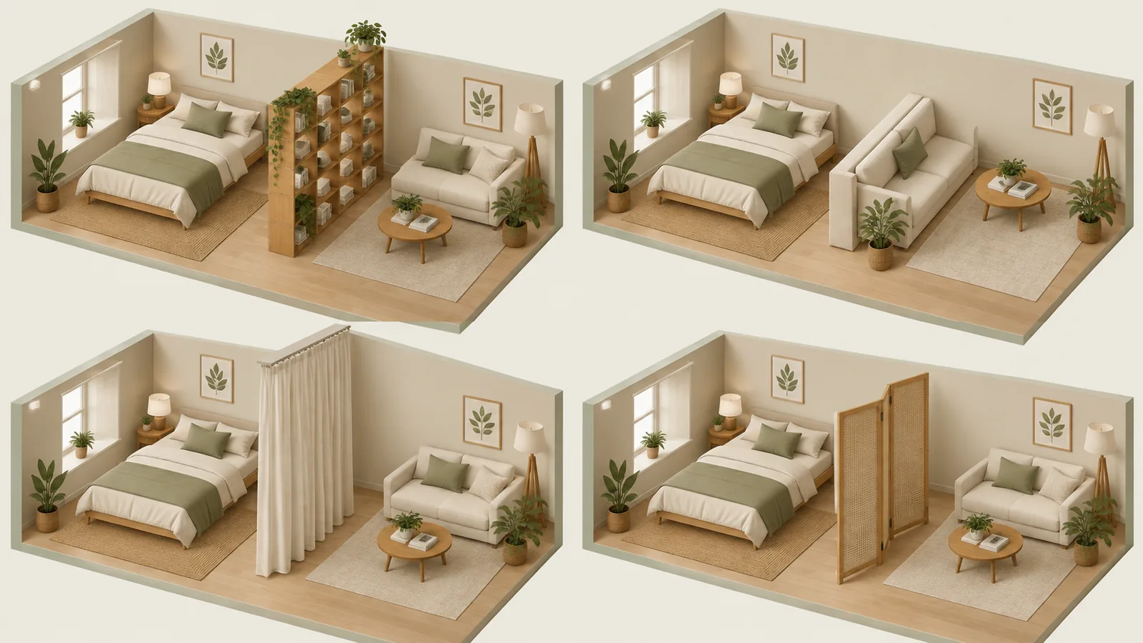 Illustration of four ways to divide a studio: an open bookcase, the back of a sofa, a curtain on a ceiling track, and a folding screen, each separating a bed from a seating area