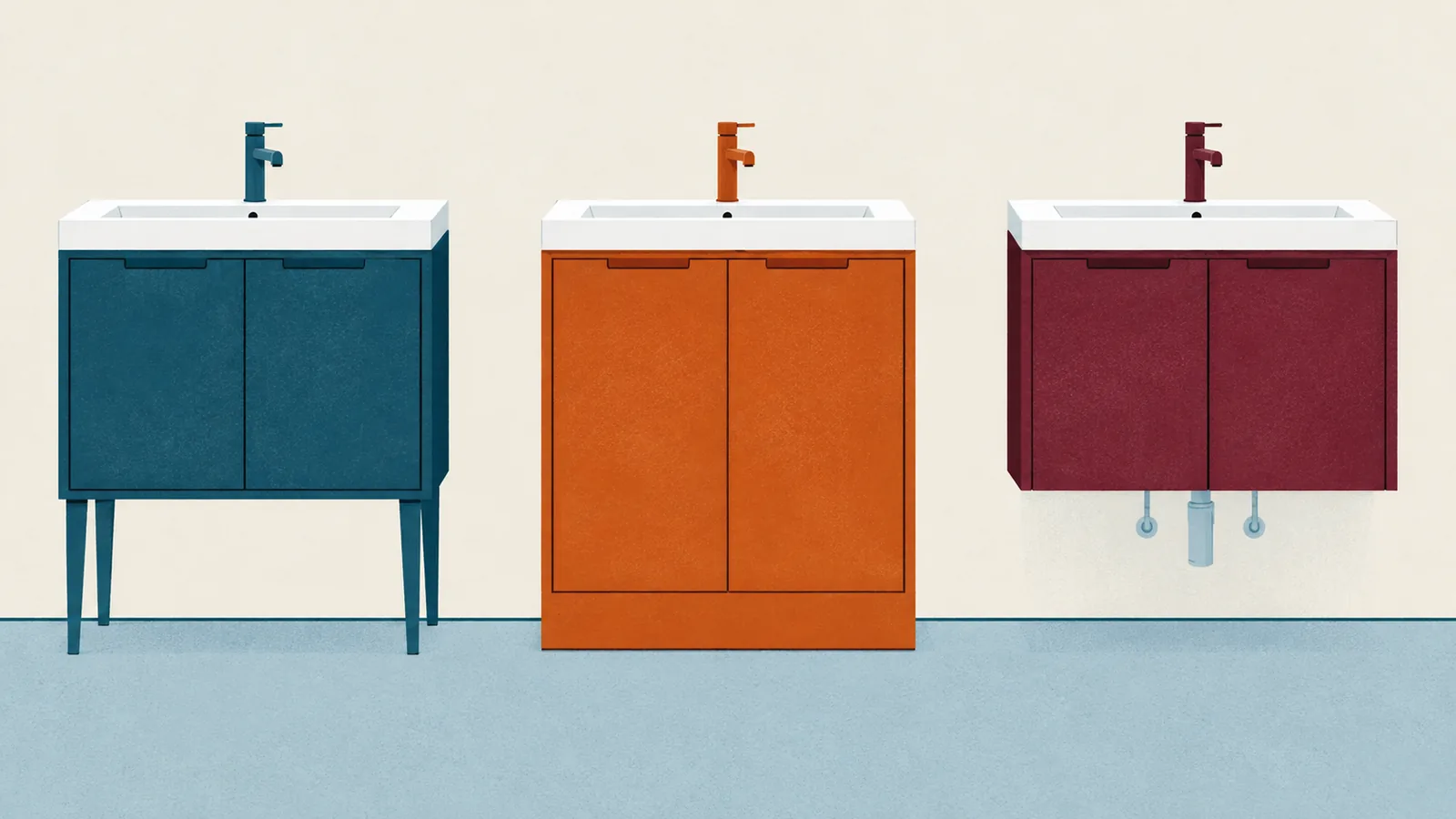 Illustration of three bathroom vanities side by side: one on tall legs, one standing on a solid plinth to the floor, and one floating on the wall with open floor beneath