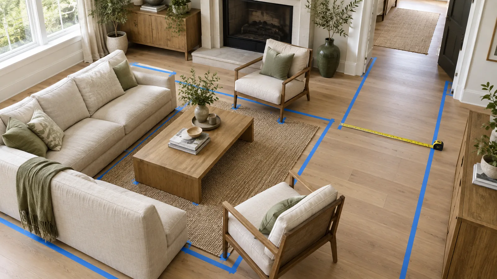 Overhead view of a living room where blue painter's tape marks the walkway and the gaps around a sofa, coffee table, and armchairs, with a tape measure on the floor