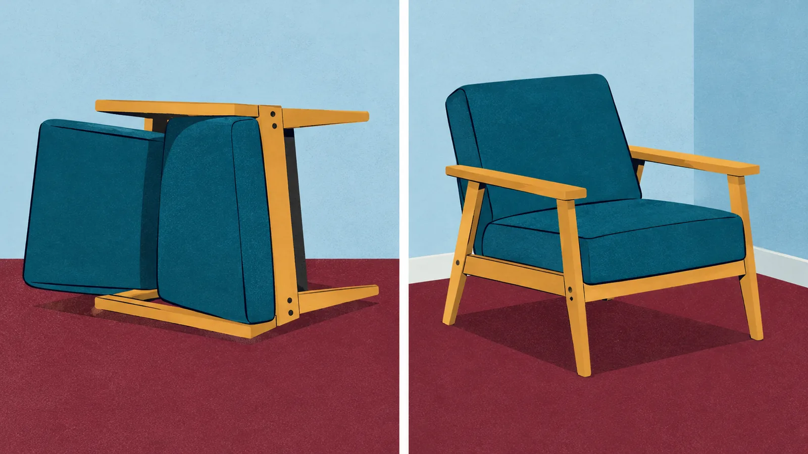 Illustrated lounge-chair model tipped onto its side beside an upright version