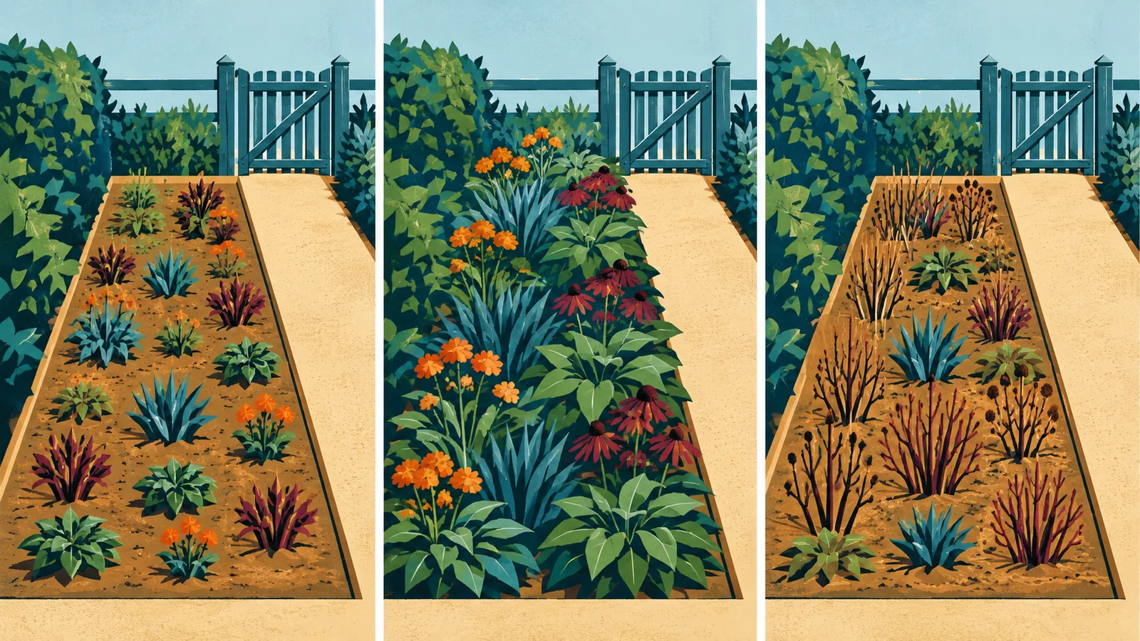 Illustrated garden border shown newly planted, in fuller growth and with dormant stems