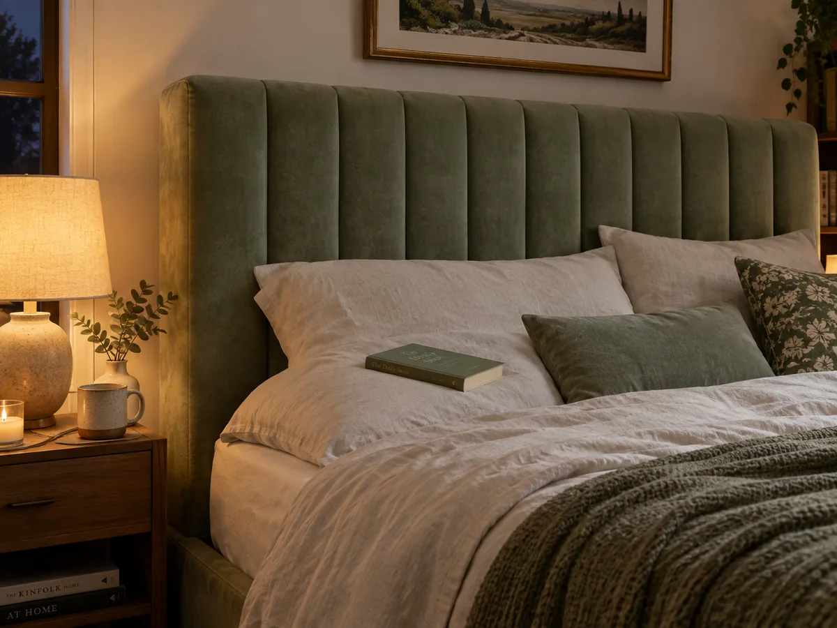 Upholstered bed with a tall padded headboard in soft green fabric