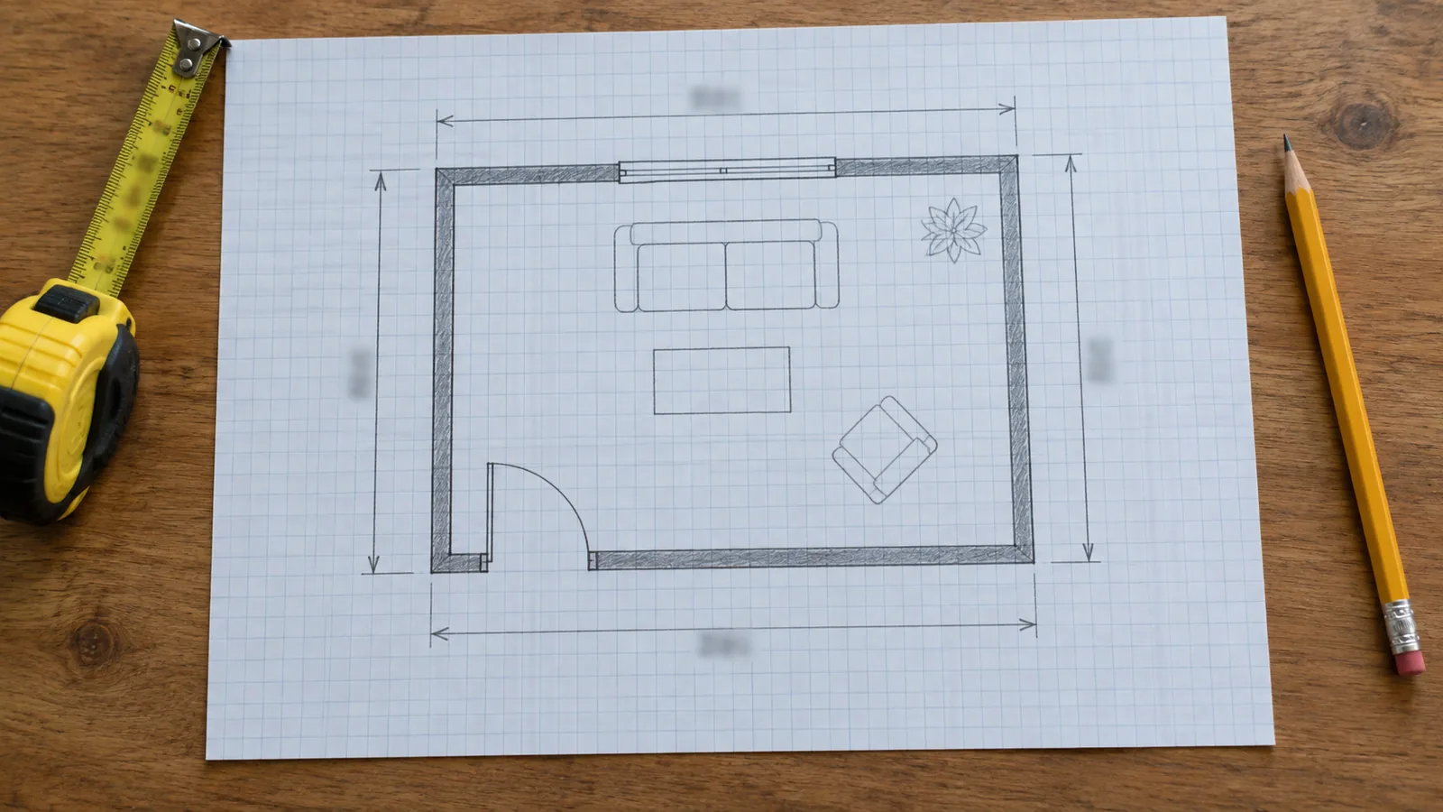 Hand-drawn floor plan of a living room on graph paper with wall lengths, a door swing, and a window marked, next to a pencil and a tape measure