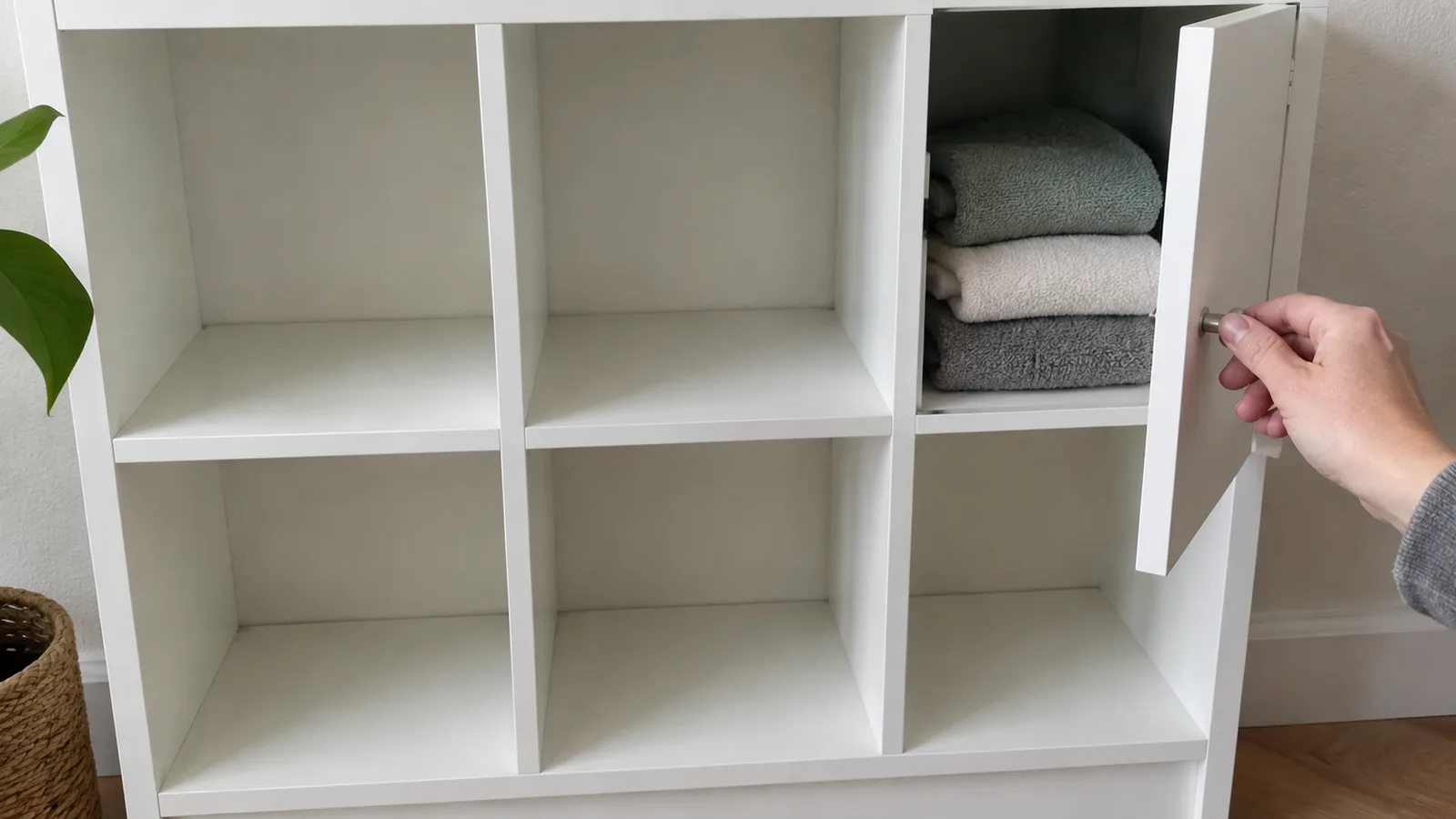A hand opening a white door insert in a cube shelf, showing folded towels inside the cube