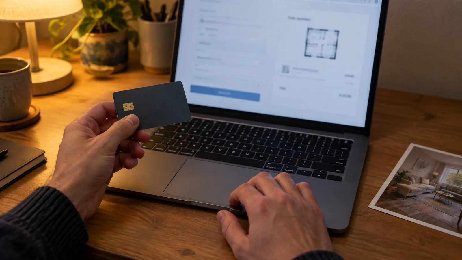 A person holding a bank card above a laptop that shows a blurred checkout page with a floor-plan icon, with a printed room photo on the desk