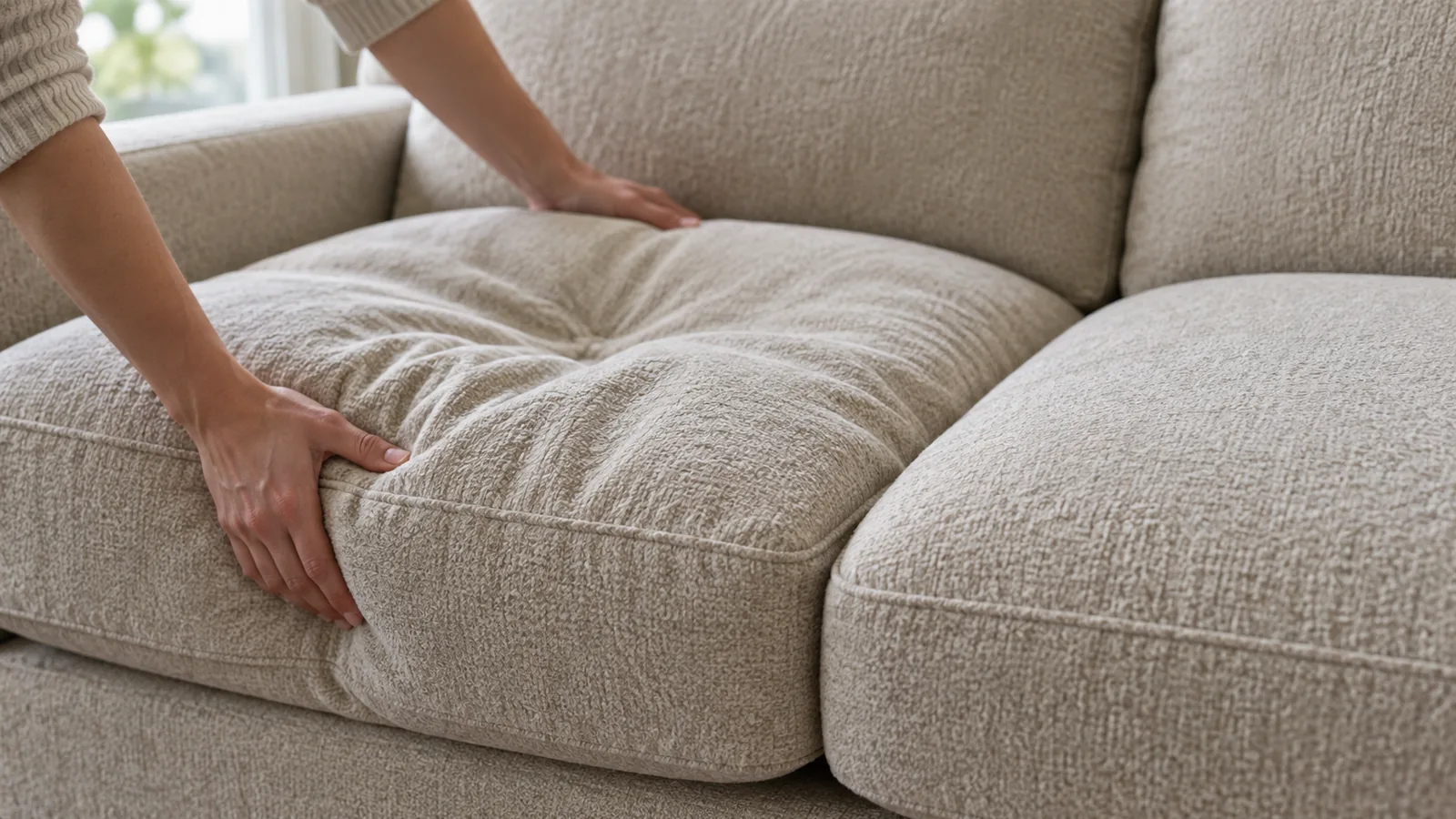 Close-up of two hands plumping a soft down-blend sofa seat cushion, with the fabric slightly creased where someone has been sitting
