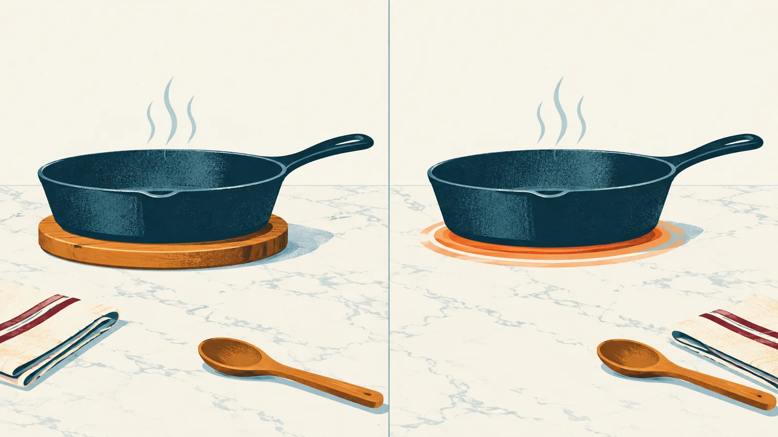 Illustration of a kitchen counter with a hot frying pan resting on a trivet on the left and a hot pan set straight onto a pale countertop on the right, with a symbolic heat halo indicating possible damage