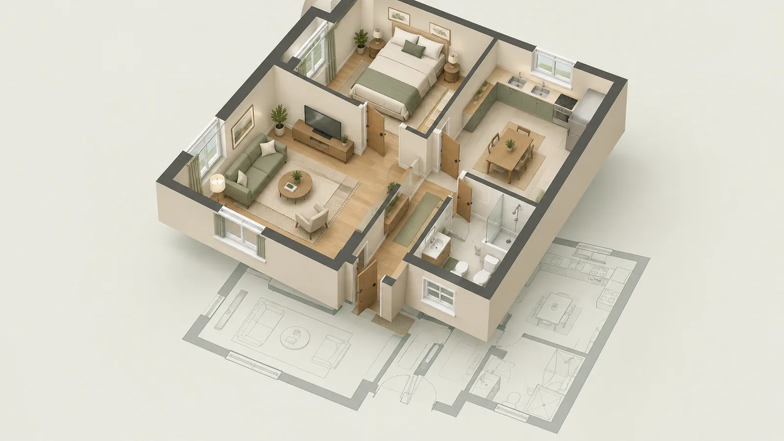 Isometric illustration of a furnished 3D apartment model floating above a faint 2D floor plan of the same layout