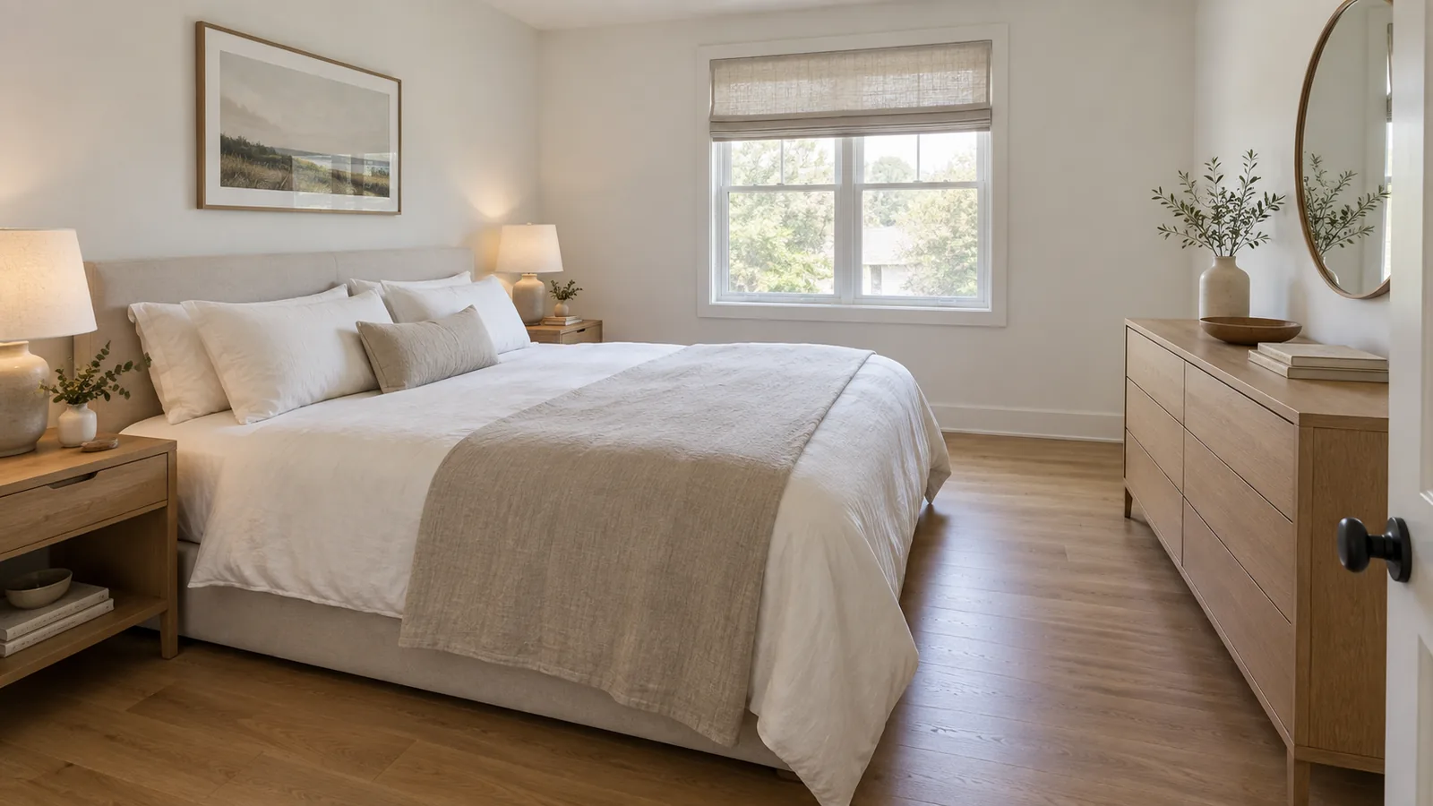 King bed with white and oatmeal linen, a nightstand and lamp at each side, and an oak dresser along the side wall of a bright bedroom