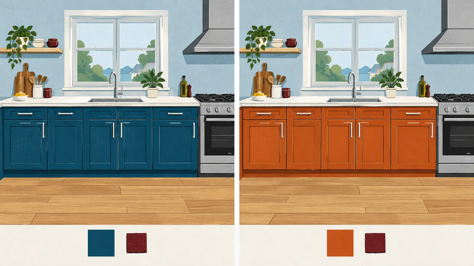 Matching illustrated kitchens with petrol blue and burnt orange cabinet fronts and material chips below