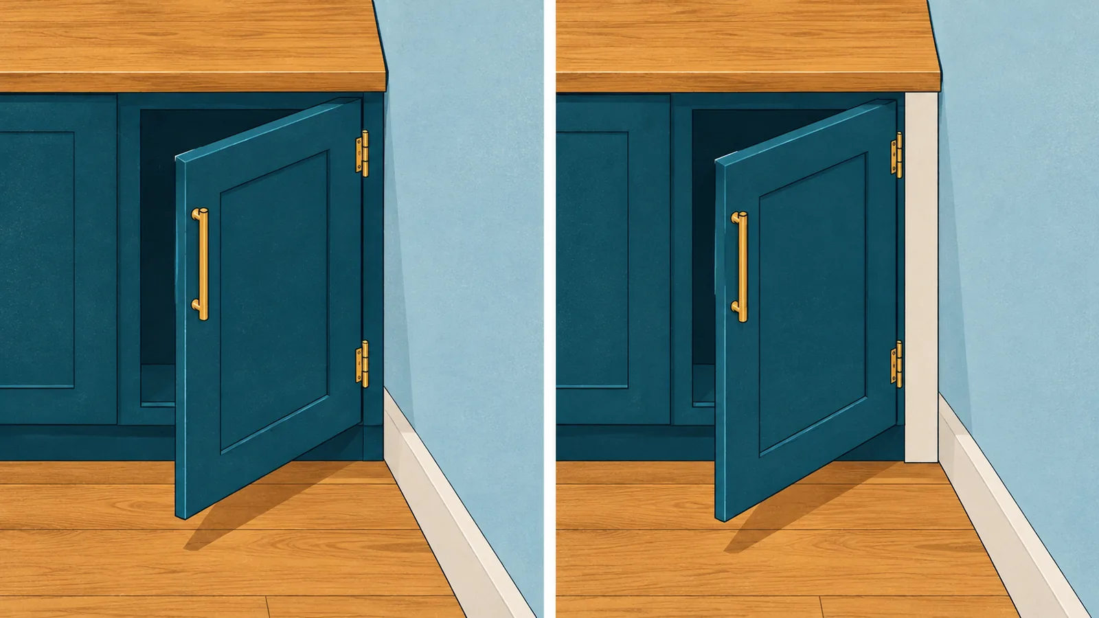 Illustrated wall-adjacent cabinet door without a filler beside the same door with a warm-white filler strip
