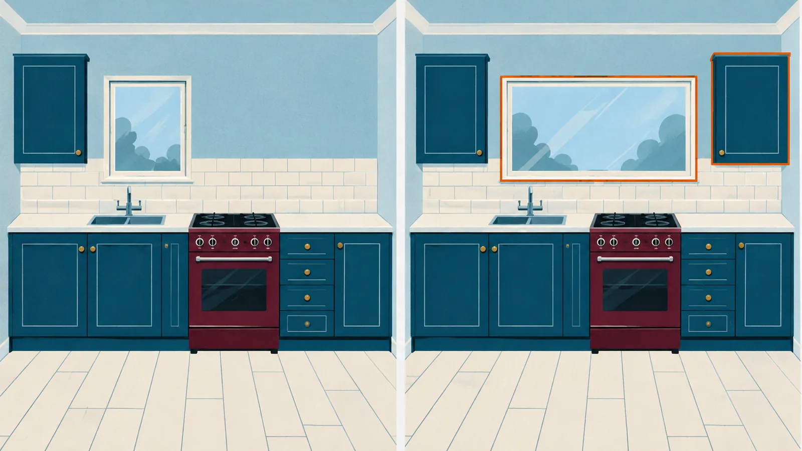 Illustrated kitchen beside an edited concept with a wider window and an added upper cupboard