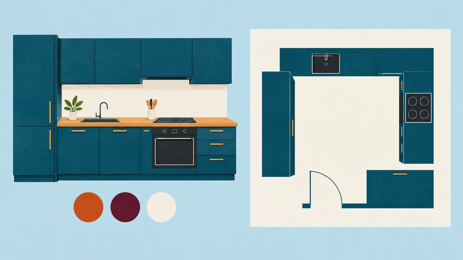 Illustrated kitchen finish concept beside an unlabelled top-down cabinet arrangement and colour samples