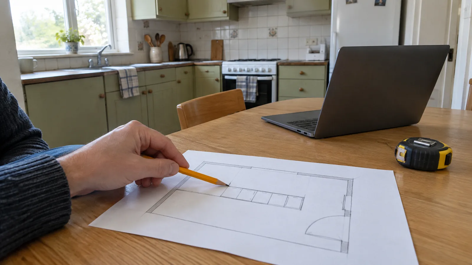 Hand pointing to a lines-only kitchen sketch beside a closed tape measure and an open laptop
