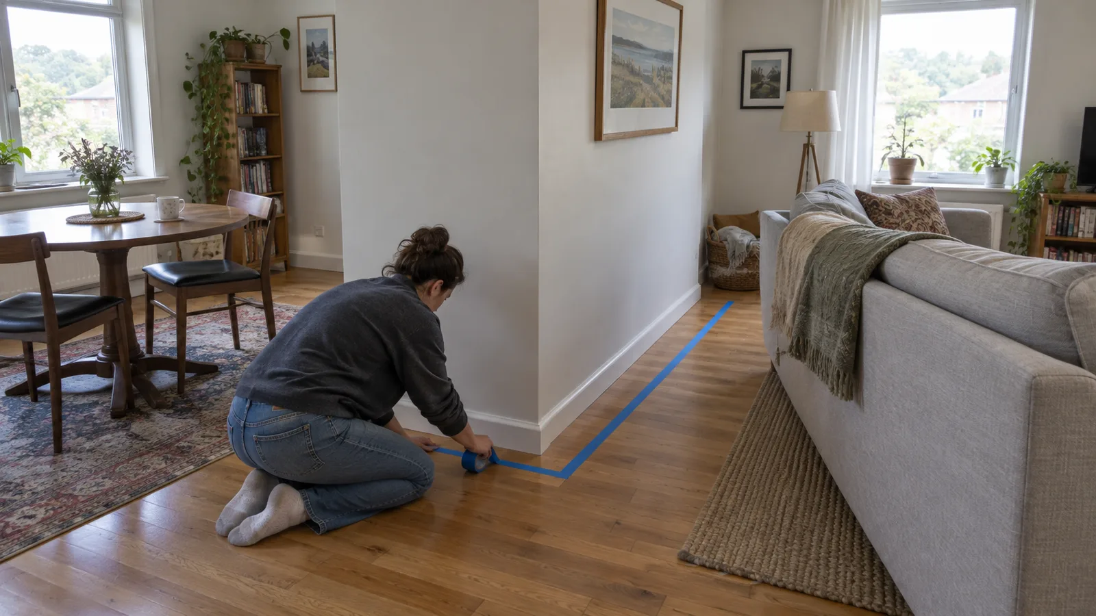 A person kneeling on the floor taping a line beside a wall corner that juts into an L-shaped living and dining room