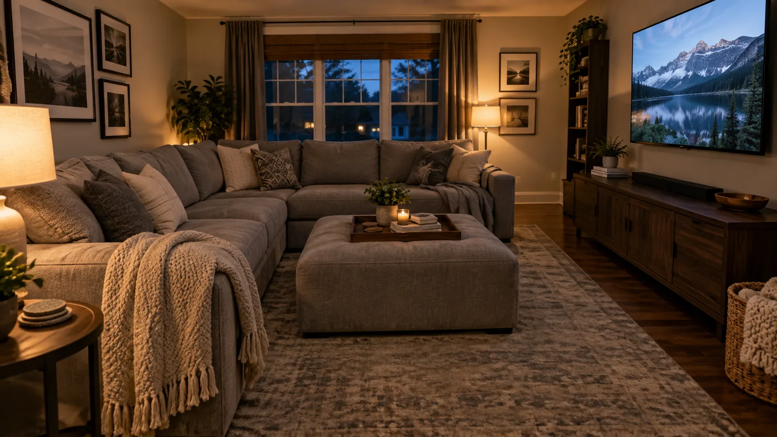 L-shaped gray sectional in the corner of a family room with a large ottoman in front of it