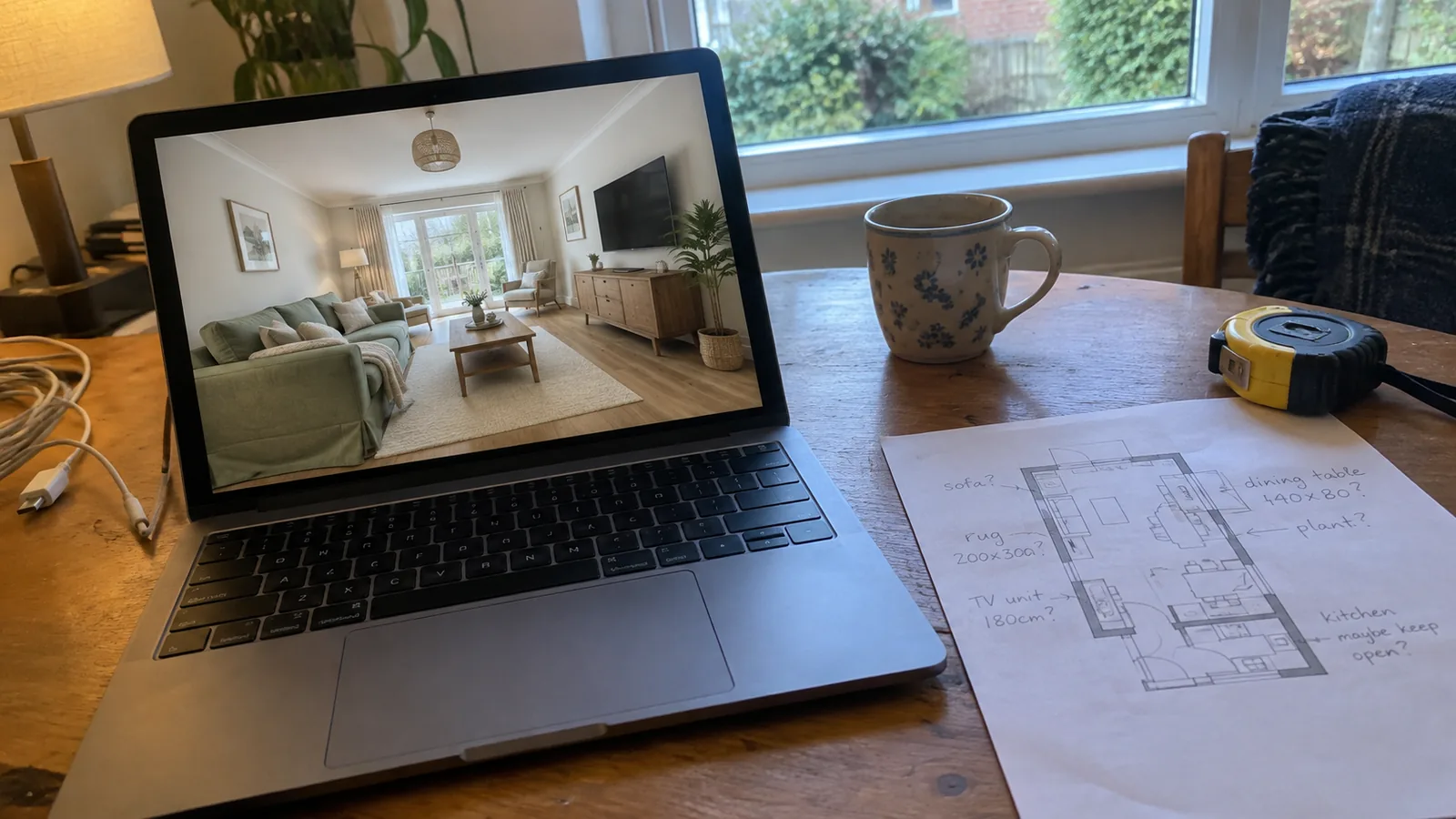 Laptop on a desk showing a photoreal 3D render of a furnished living room, with a printed floor plan and a tape measure beside it