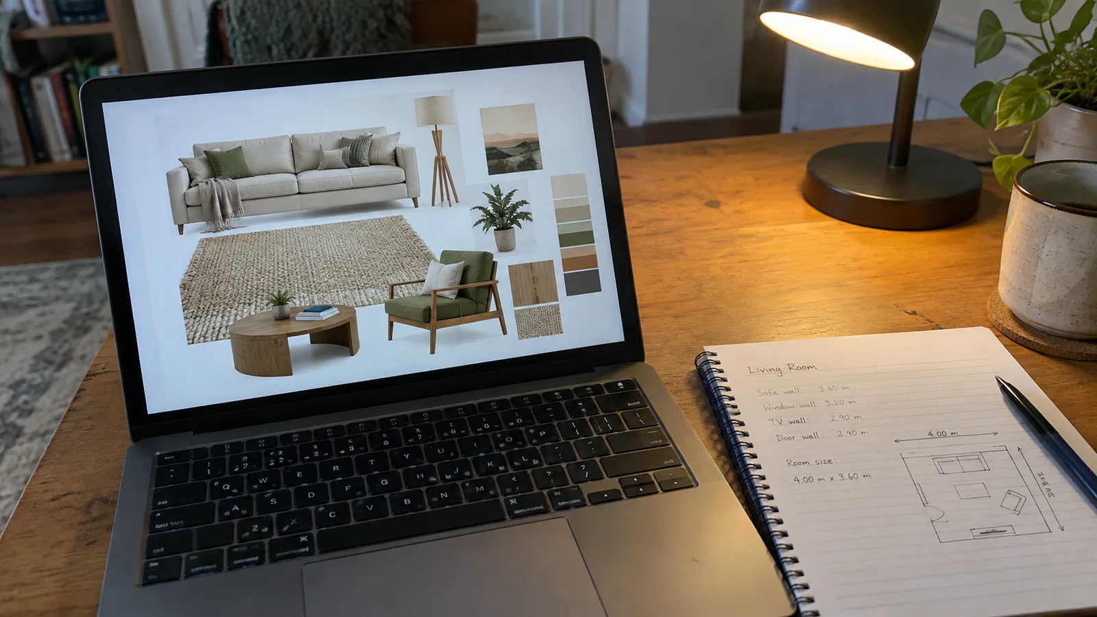 A laptop showing an online designer concept board for a living room, next to a notebook with handwritten room measurements